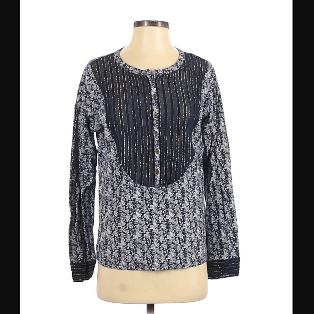 Lucky Brand Blouse S Gold Metallic Striped Bib Floral Print Boho Long Sleeve